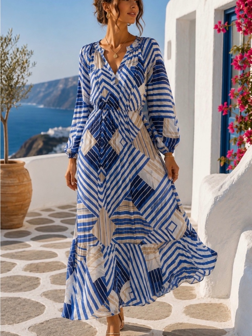 Ciebon Gaeley Long Sleeve Tie Belt Waist Long Sleeve Flowy Maxi Dress Blue Tan S